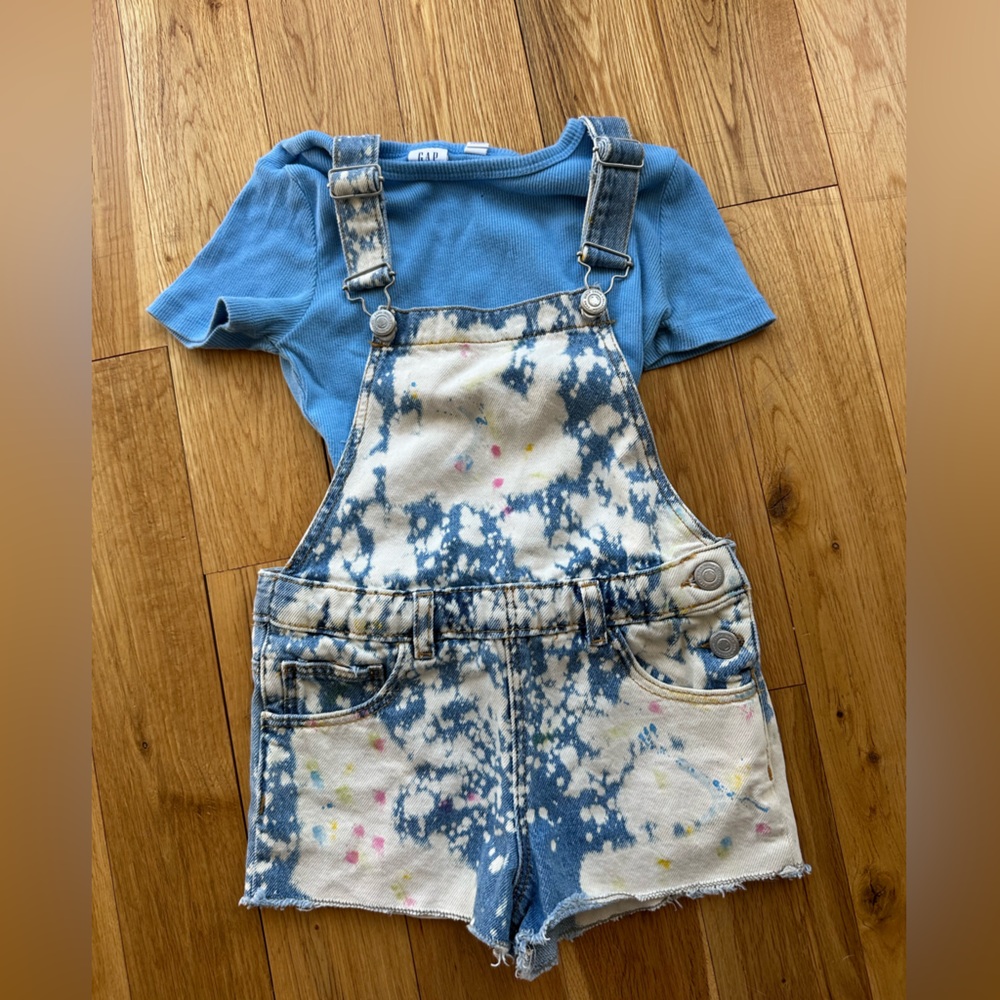 Zara & Gap Girls Outfit Babydoll Tshirt Bleached Short Overalls Size 6-7